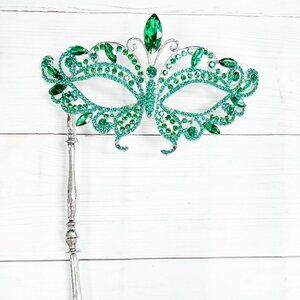 Masquerade Mask with Stick, Wedding Party Silver Mask, Prom Green Crystal Mask
